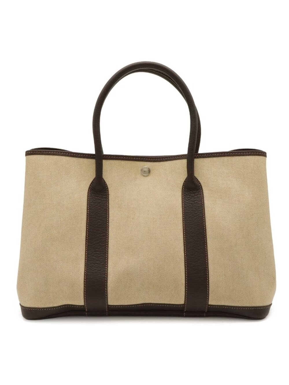Hermes Garden Party PM Tote Shoulder Bag Toile H Leather Natural Dark Brown